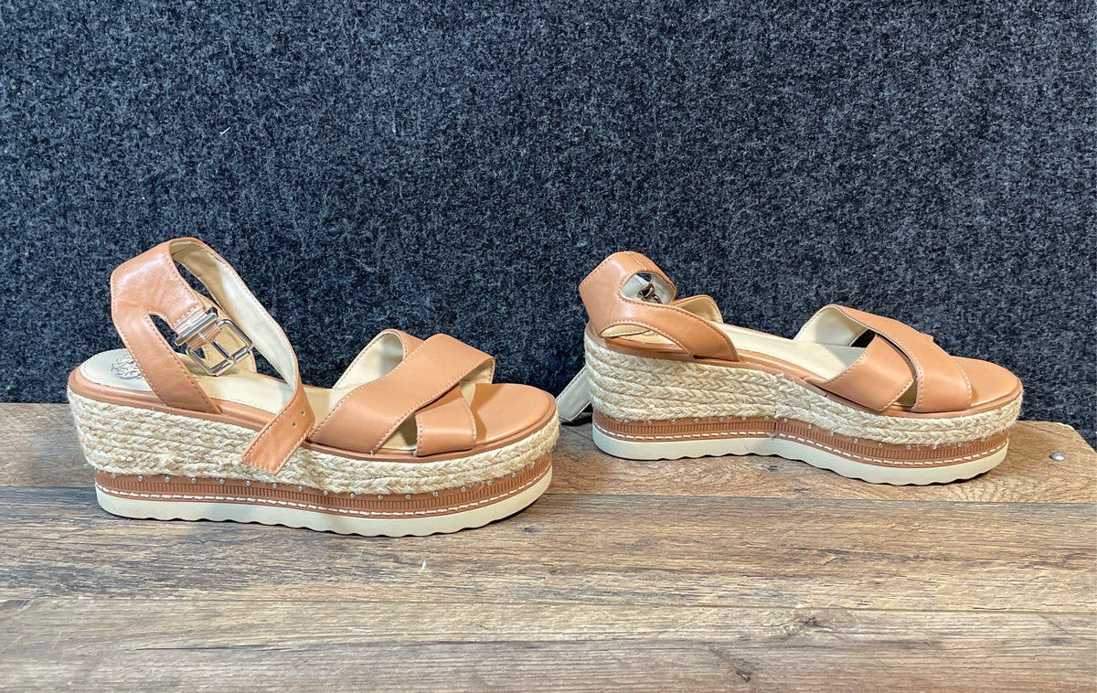 Vince Camuto Martinda Tan Leather Espadrille Platform Wedge Sandals Size 7.5