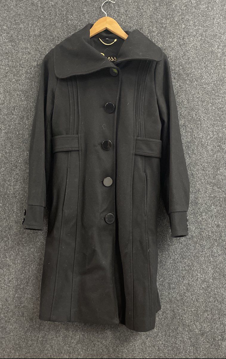 Guess Women's Black Wool Blend Funnel Neck Button Front Long Coat Sz S