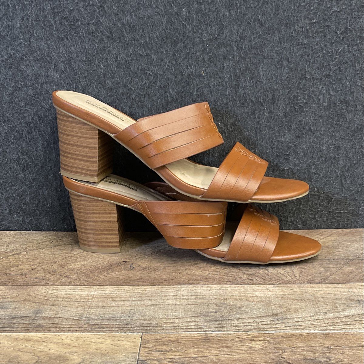 Kim Rogers Sonney Tan Faux Leather Block Heel Slide Sandals Size 8.5