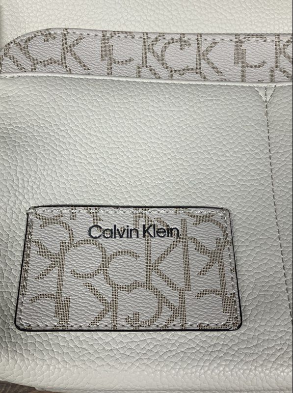 Calvin Klein Off-White Pebbled Crossbody Bag Logo Strap Monogram Trim Large