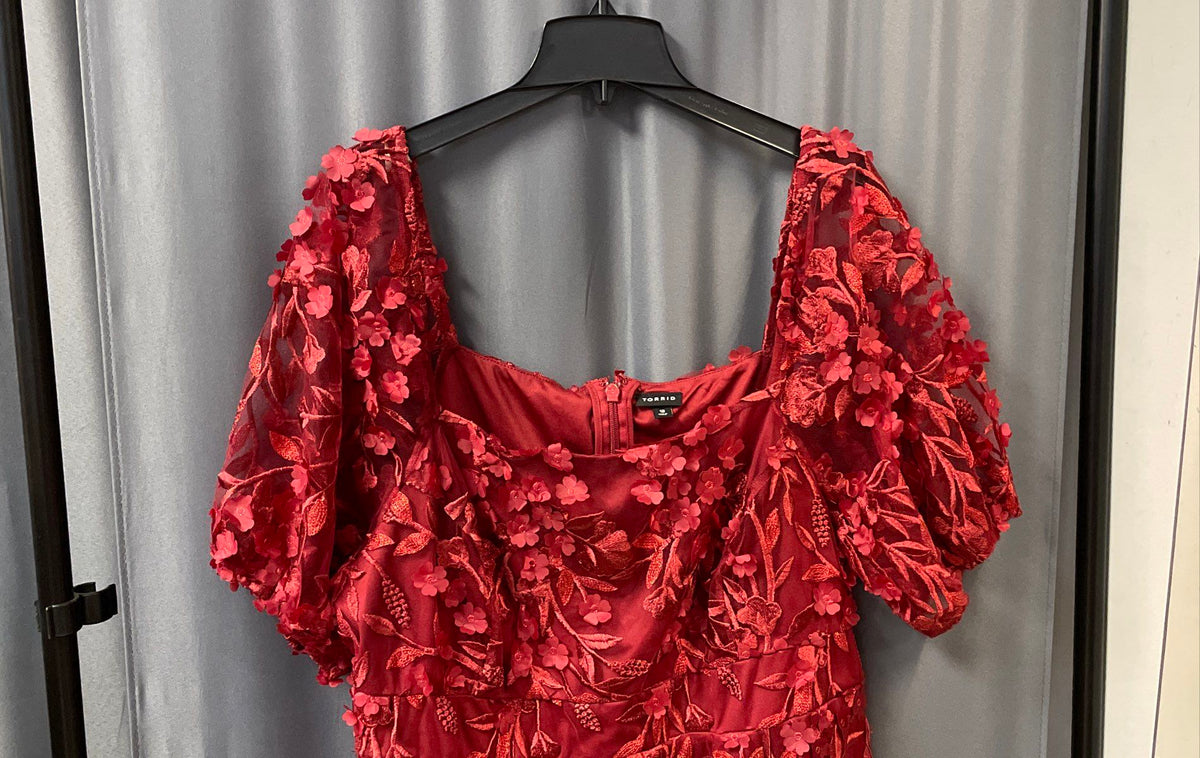 Torrid Women's Red 3D Floral Applique Mesh Puff Sleeve Party Dress Sz 18
