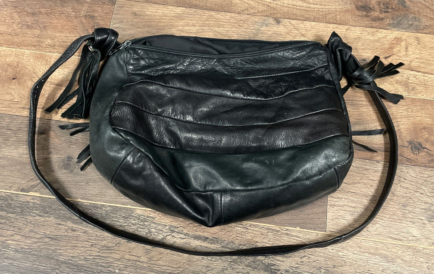 Vintage Black Leather Western Fringe Crossbody Bag Beads Conchos Made in Mexico