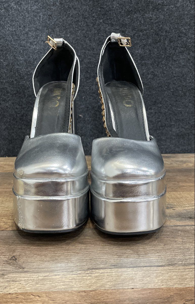 Ego So Scandalous Silver Metallic Double Platform Block Heel Sandals Size UK 7