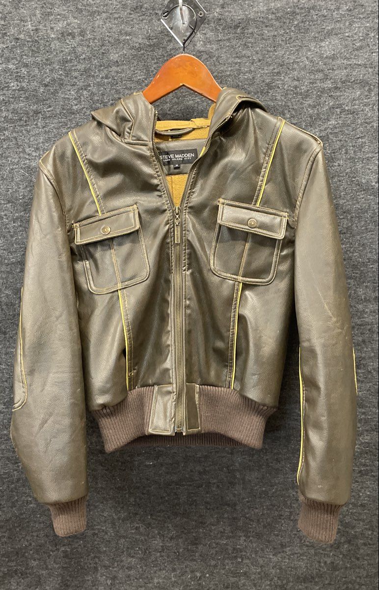Steve Madden Men's Brown Hooded Bomber Leather Jacket Contrast Piping Sz M