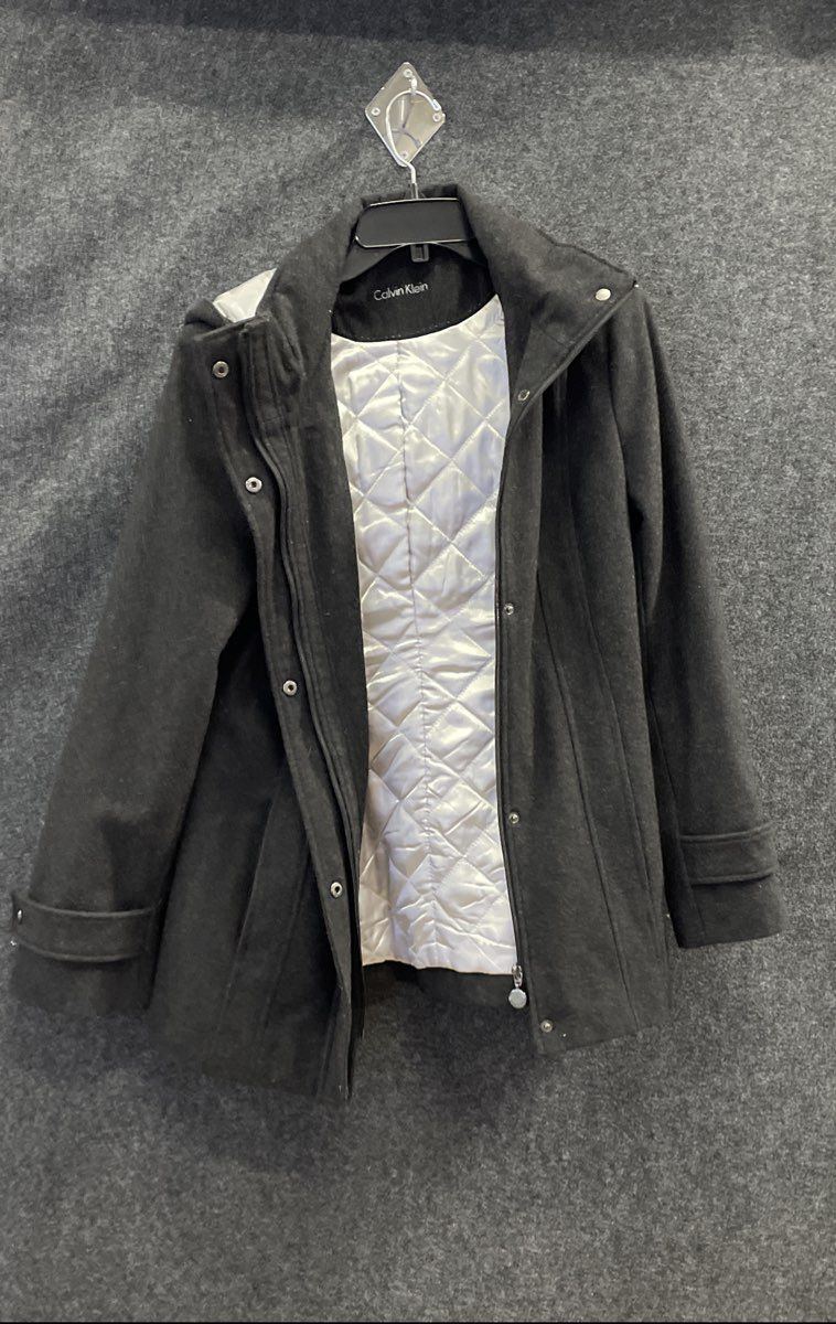 Calvin Klein Women's Coat Charcoal Wool Blend Hooded Quilted Bib Size 8