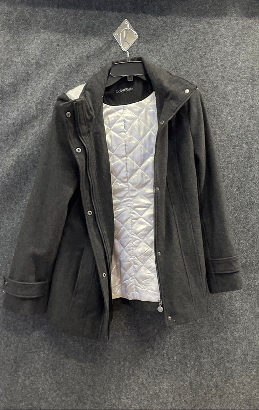 Calvin Klein Women's Coat Charcoal Wool Blend Hooded Quilted Bib Size 8