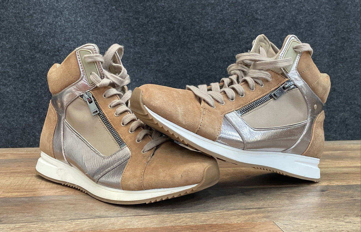 Aldo Women's Brown Suede Champagne Metallic Side Zip High Top Sneakers Size 8
