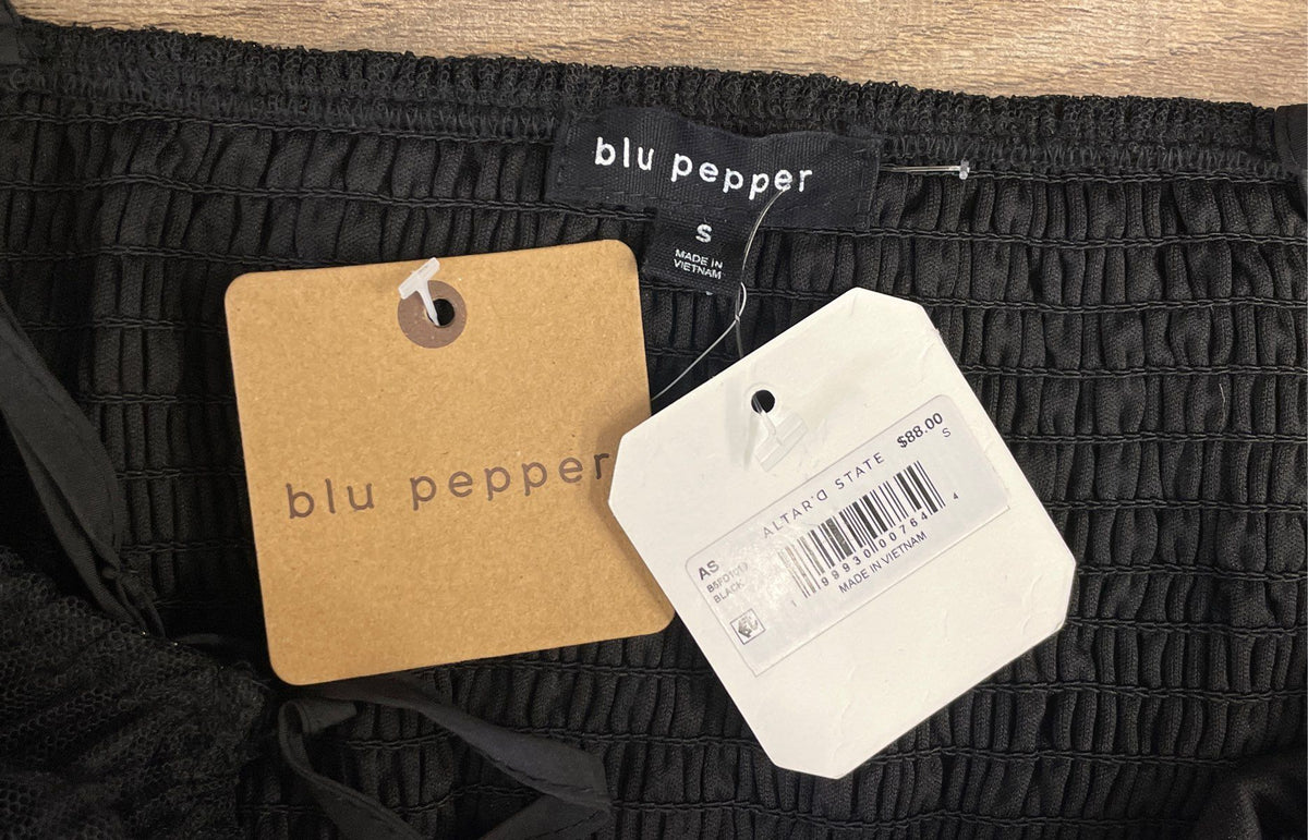 Blu Pepper Women's Black Pleated Maxi Dress Smocked Back Tulle Hem NWT Size S