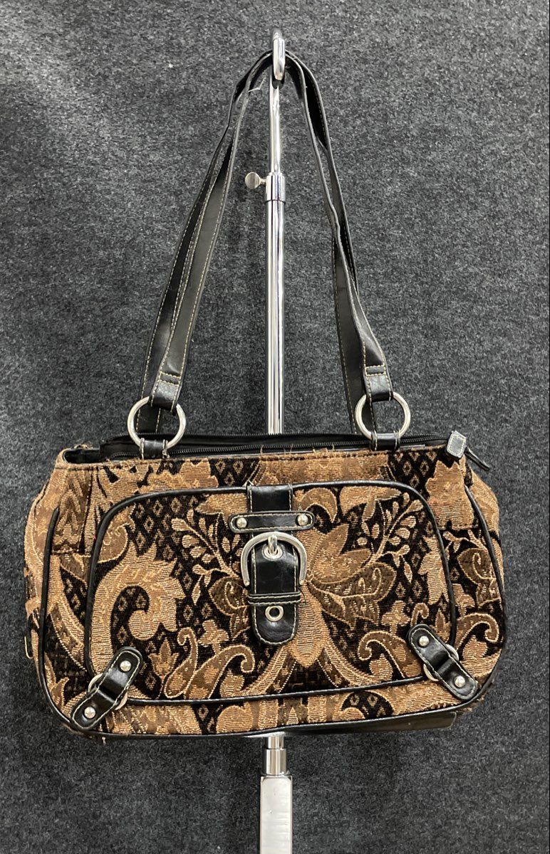 Vintage Brown Gold Tapestry Fabric Shoulder Bag Faux Leather Trim Buckle Front
