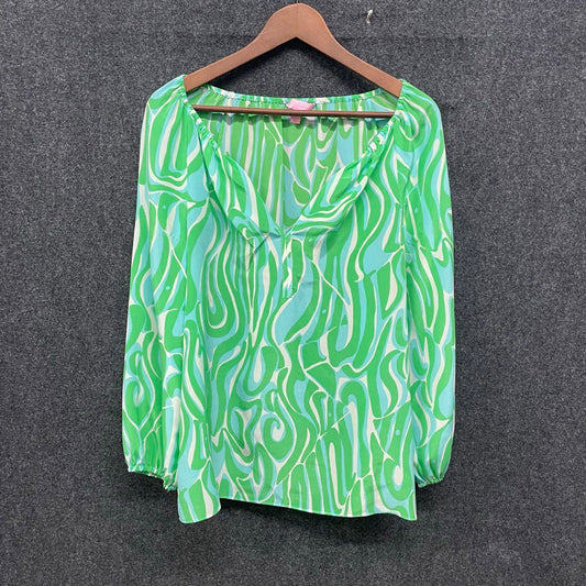 Lilly Pulitzer Women's Finders Keepers Green Blue Swirl 100% Silk Blouse Sz S