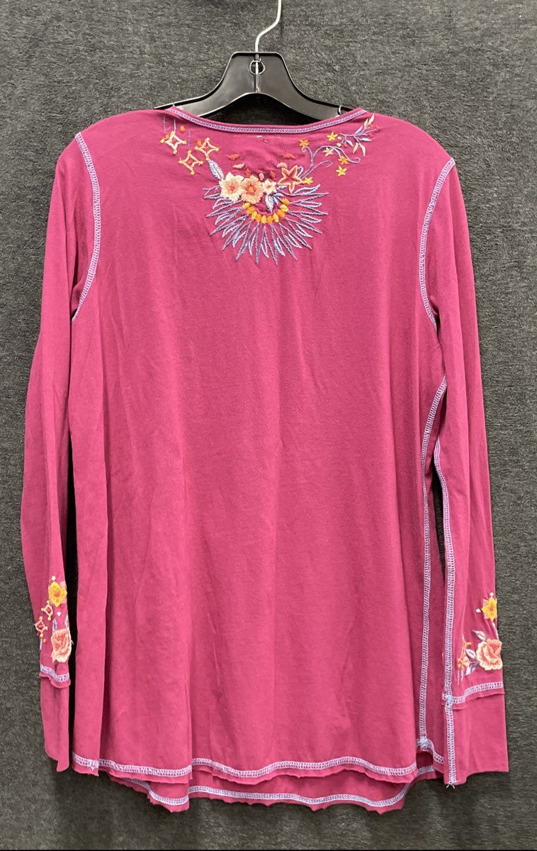 Caite Women's Magenta Floral Embroidered Long Sleeve Cotton Henley Top Sz S