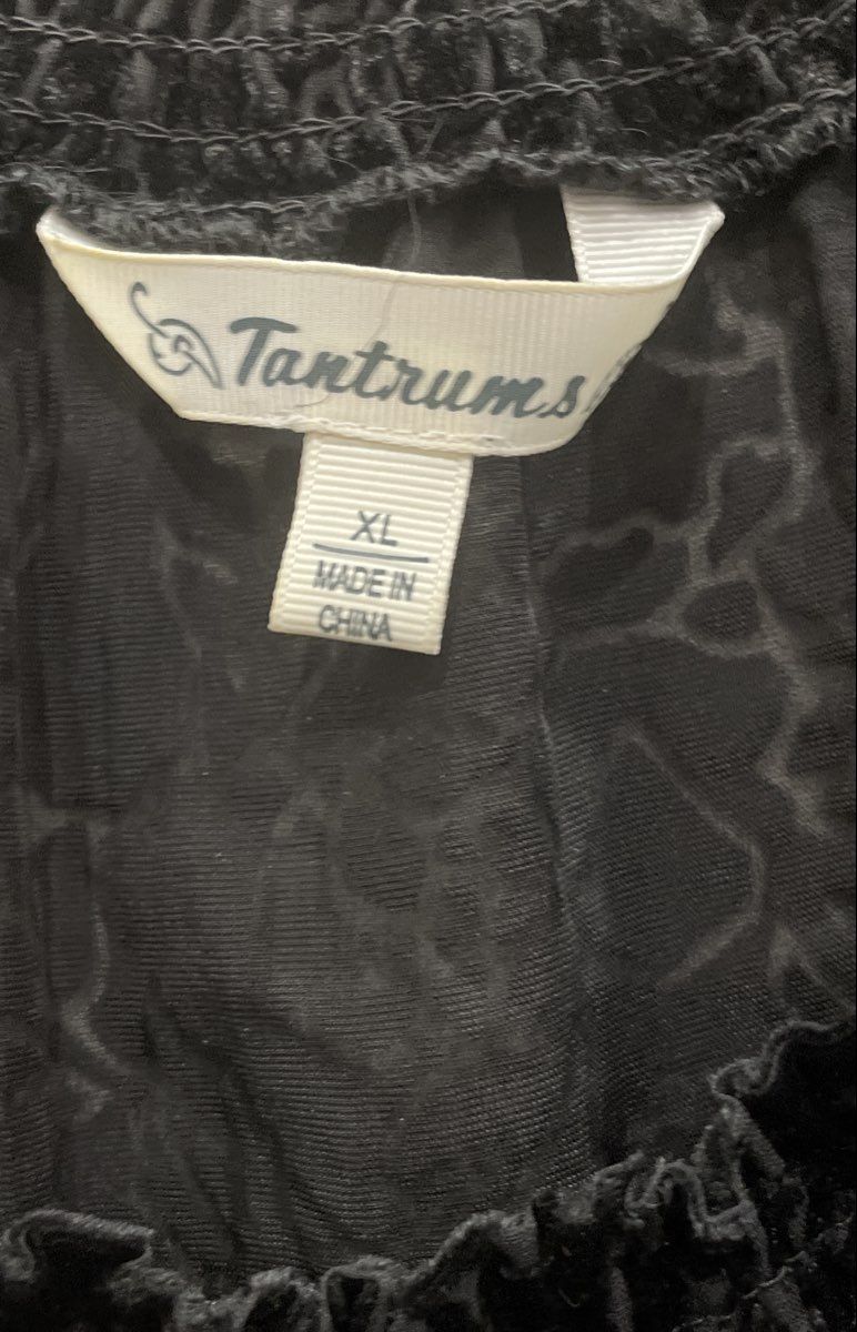 Tantrums Women's Black Burnout Velvet Floral Damask Blouse Ruffle Cuffs Sz XL