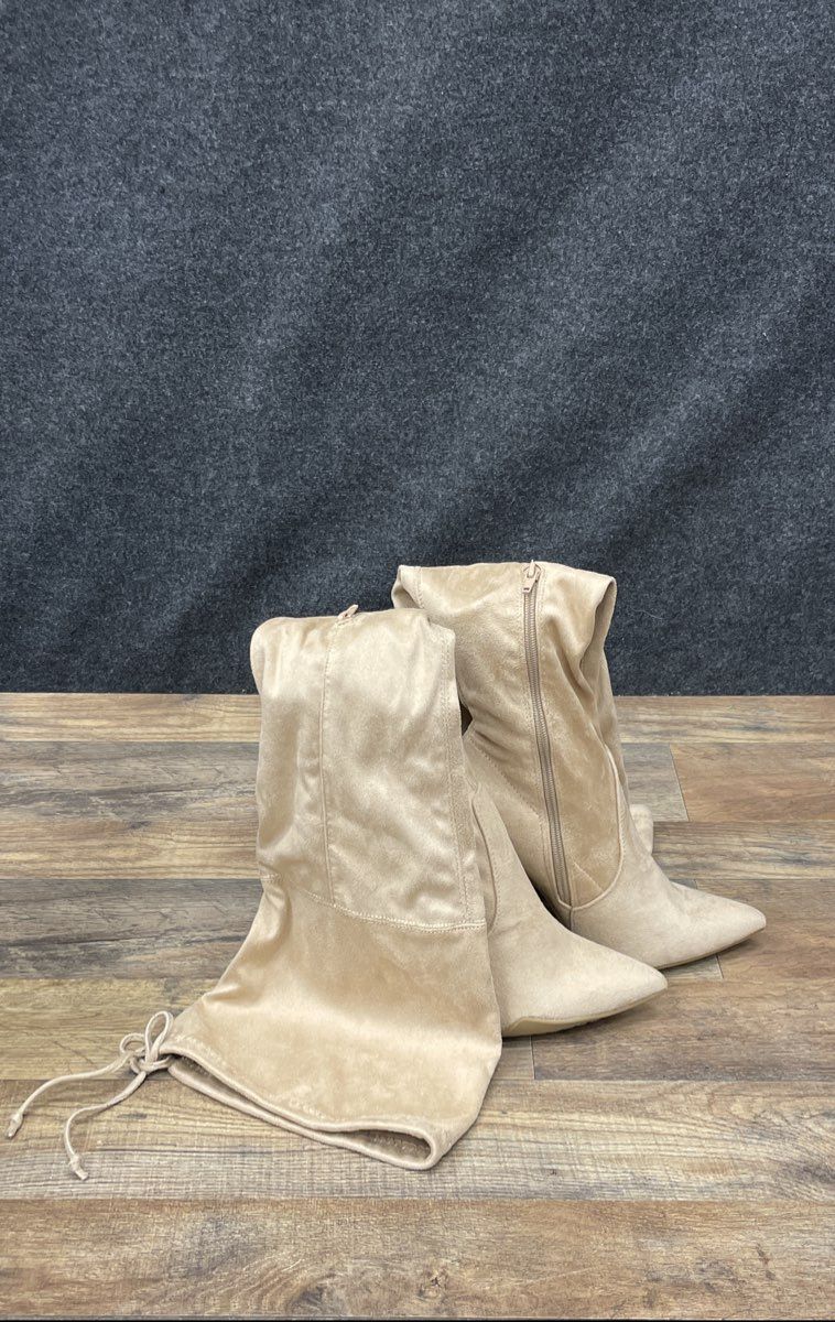 Beige Faux Suede Slouchy Thigh-High Pointed Toe Stiletto Boots Women's Size 8