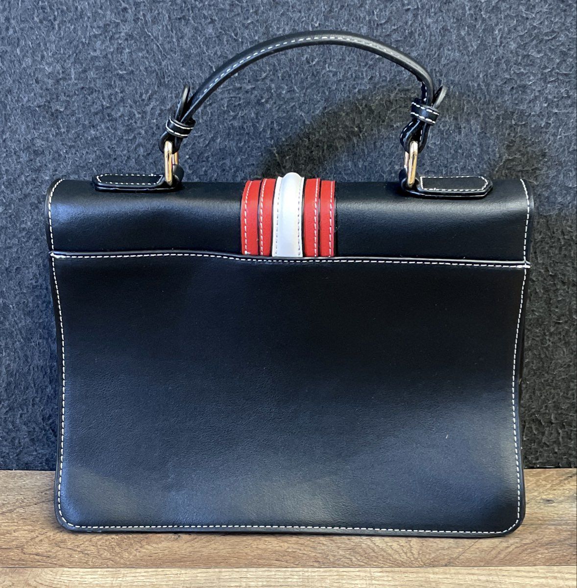 Scarleton Black Faux Leather Red White Stripe Top Handle Satchel Bag