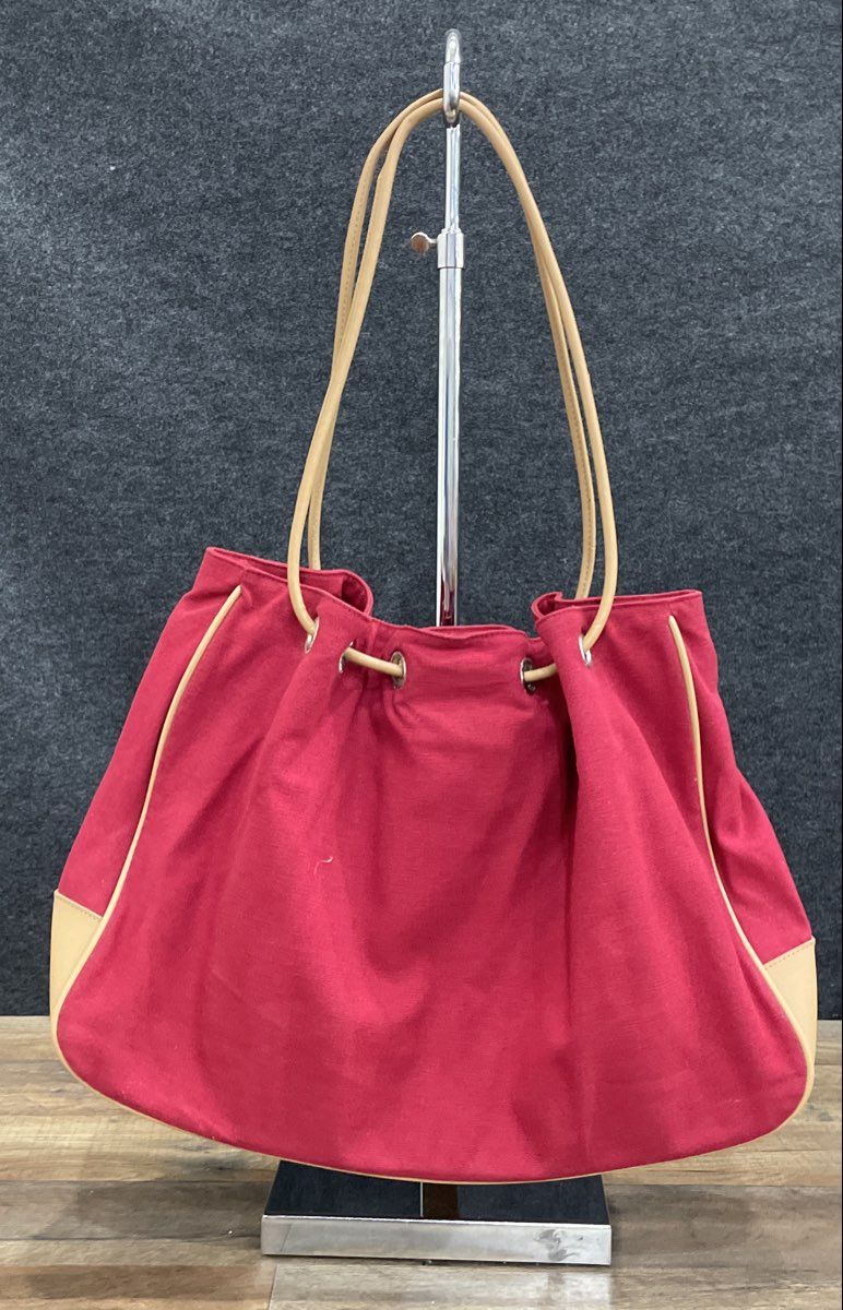 Etienne Aigner Red Canvas Tote Shoulder Bag Tan Leather Trim Vintage