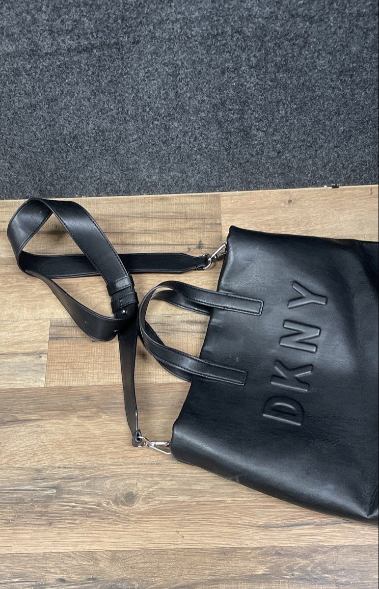 DKNY Black Leather Embossed Logo Large Tote Bag Crossbody Silver Hardware