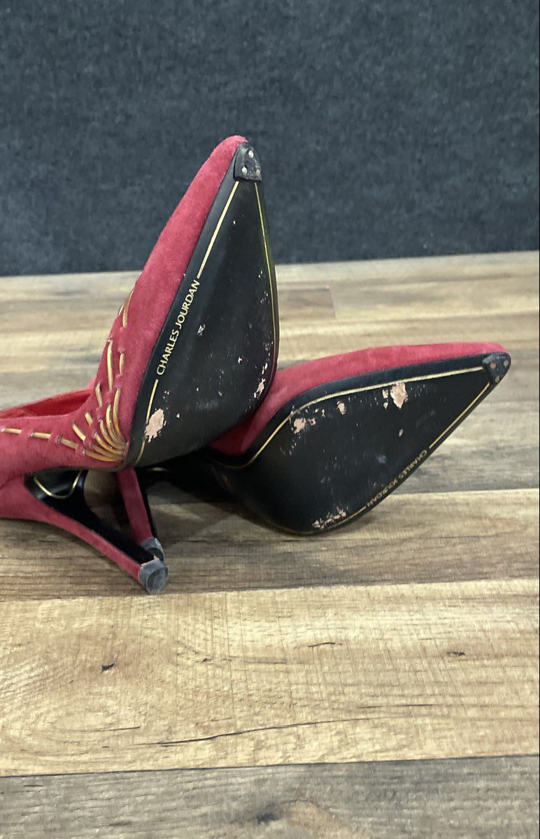 Charles Jourdan Red Suede Pointed Toe Gold Detail Stiletto Heels Size 6.5M
