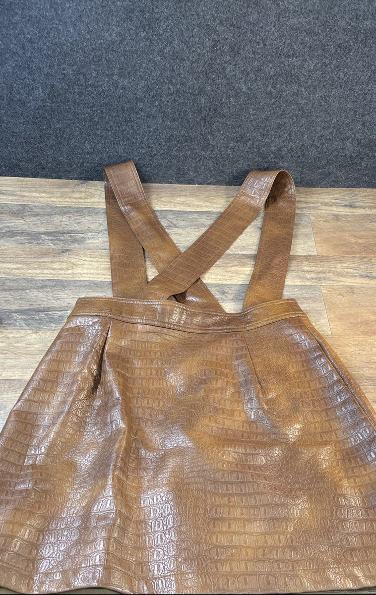 Zara Women's Brown Croc-Embossed Faux Leather Overall Mini Skirt Sz M NWT