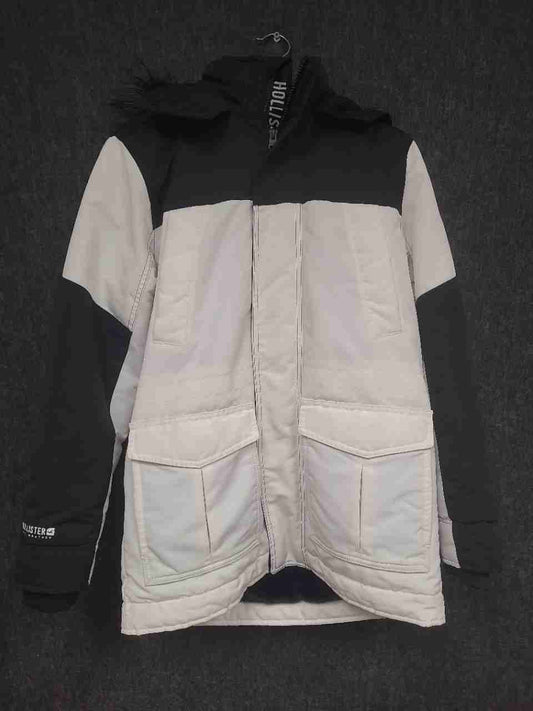 Hollister Men's All-Weather Parka Coat Black White Colorblock Faux Fur Hood Sz S