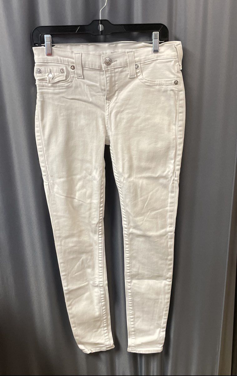 True Religion Women's White Skinny Legging Jeans Flap Pocket Horseshoe Sz 29