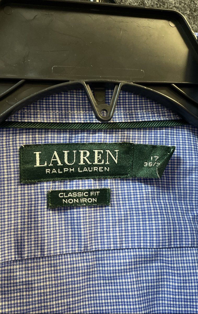 Lauren Ralph Lauren Men's Blue White Micro Check Dress Shirt Non Iron Sz 17
