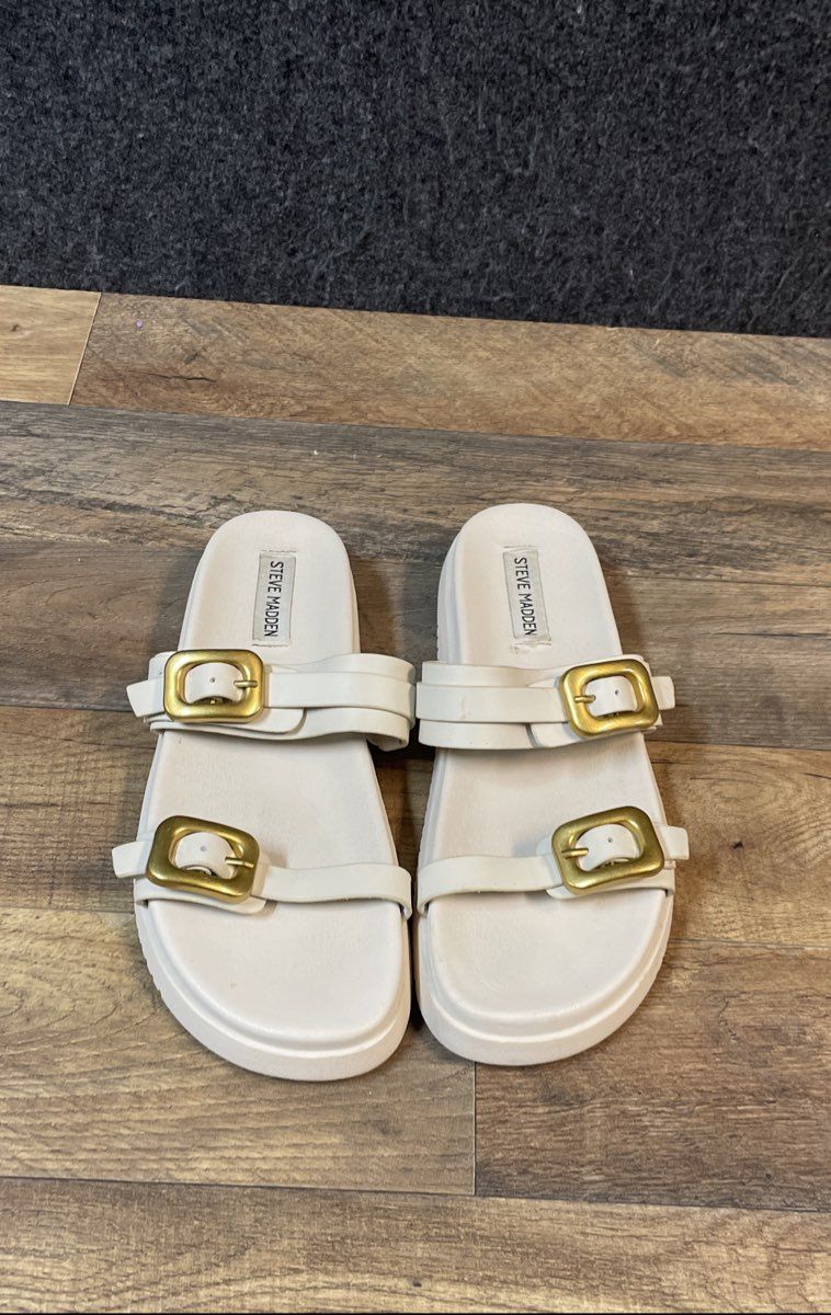 Steve Madden Margey Bone Leather Double Buckle Slide Sandals Women's Size 10