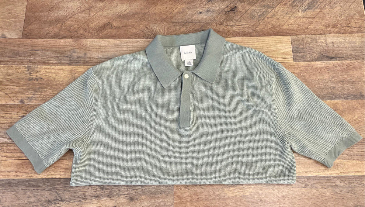 Calvin Klein Men's Sage Green Waffle Knit Cotton Short Sleeve Polo Shirt Sz M
