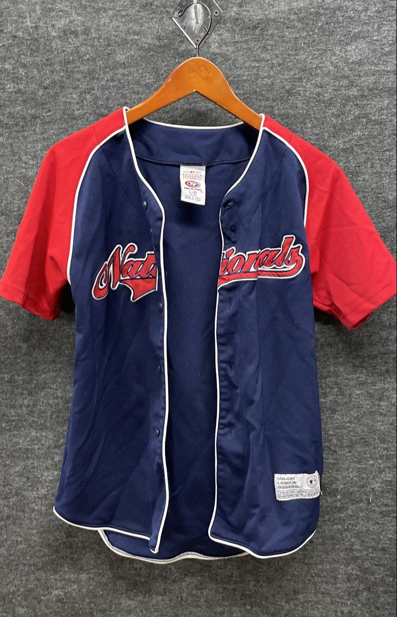 True Fan MLB Washington Nationals Boys Baseball Jersey Navy Red Button Up Sz L