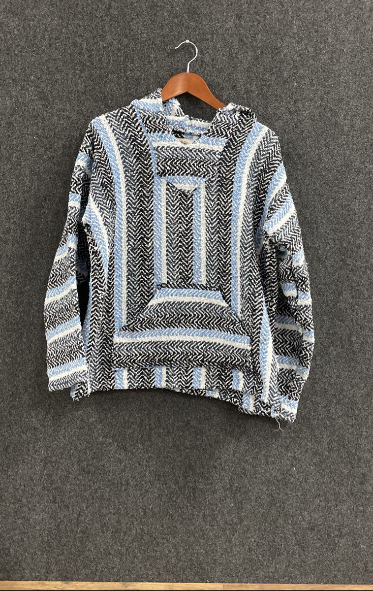 Earth Ragz Men's Baja Hoodie Sweater Blue White Striped Chevron Pullover Sz L