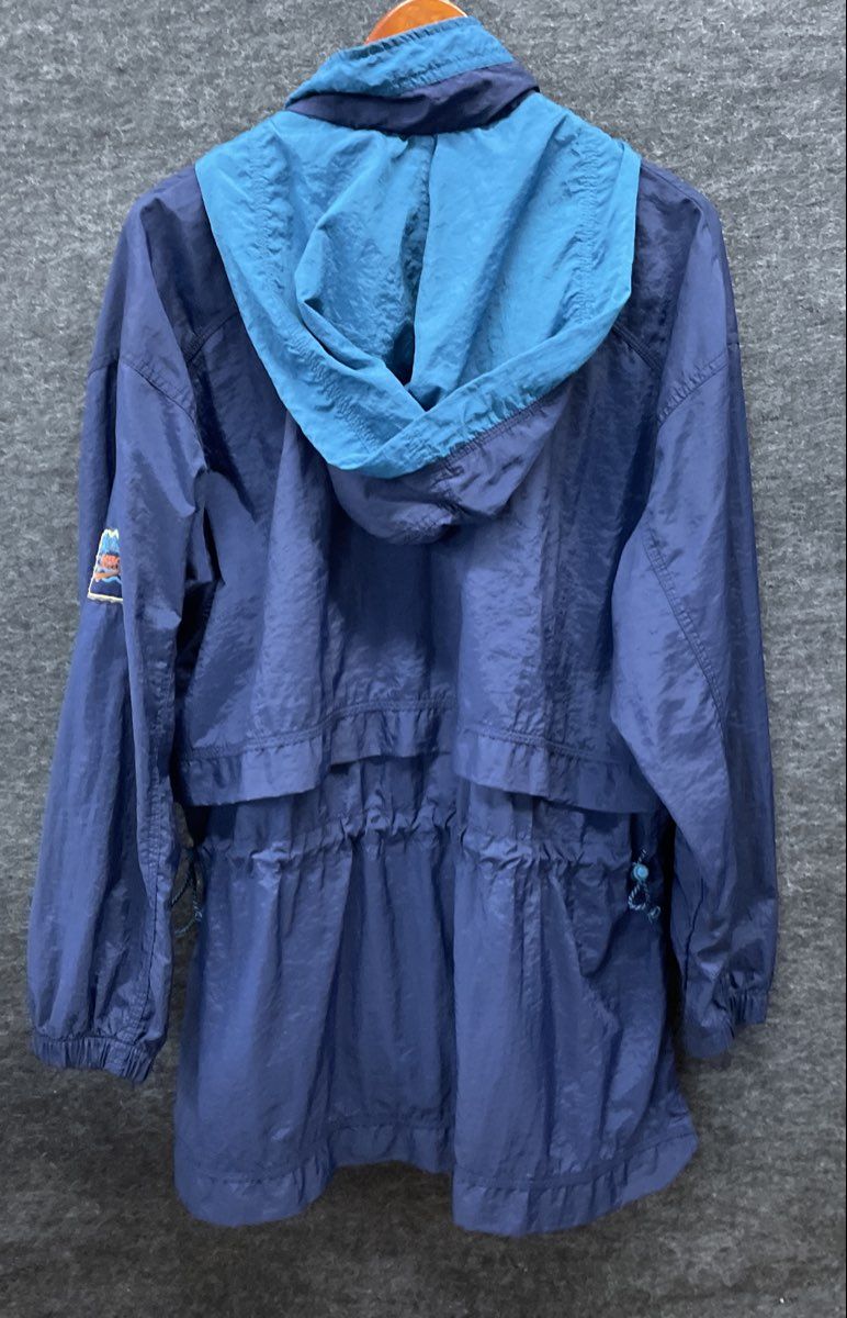 Vintage 90s Nike Women's Navy Teal Hooded Windbreaker Jacket Sleeve Patch Sz L