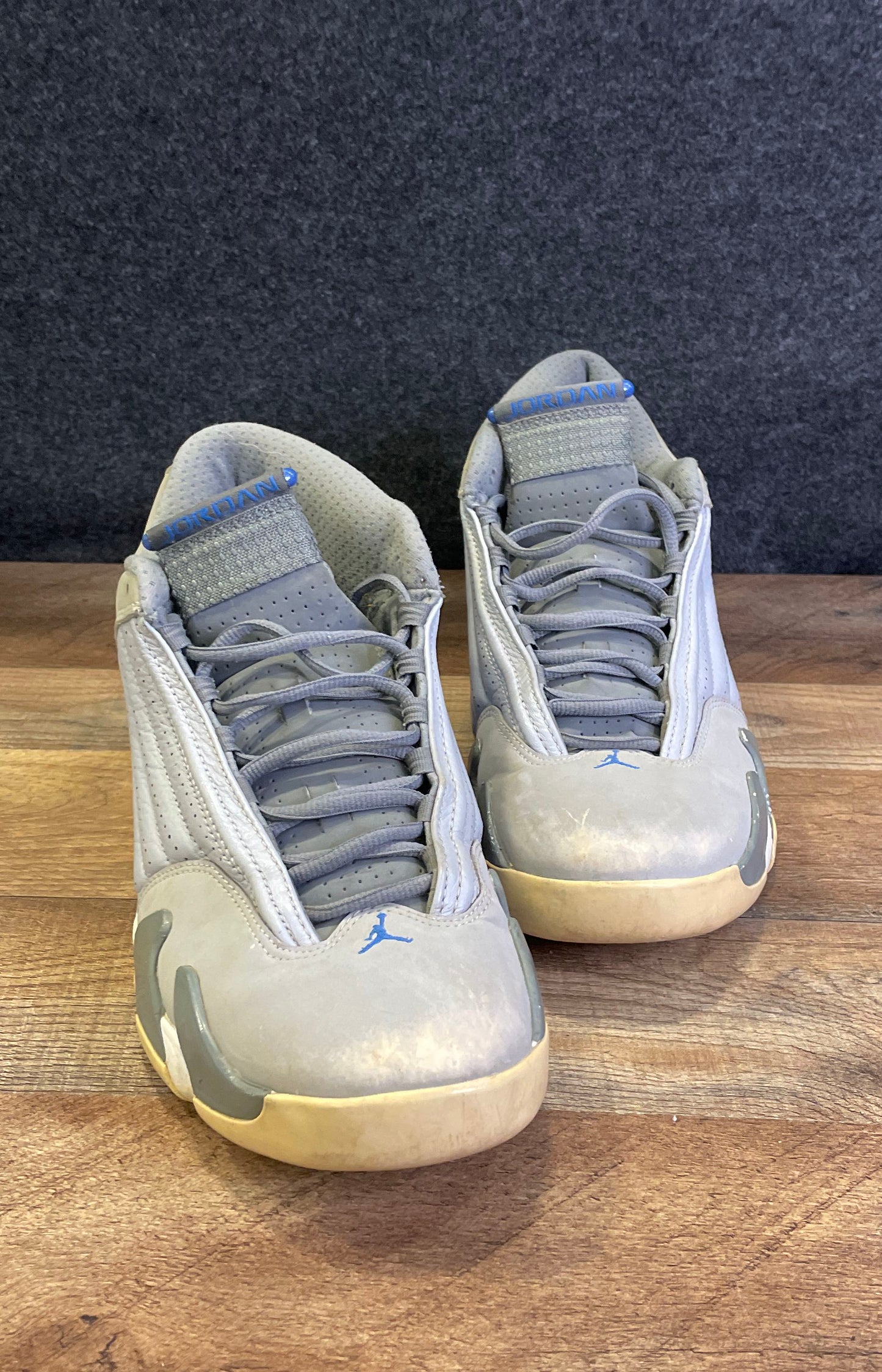 Nike Air Jordan 14 Retro Wolf Grey Sport Blue Basketball Shoes Size 9.5