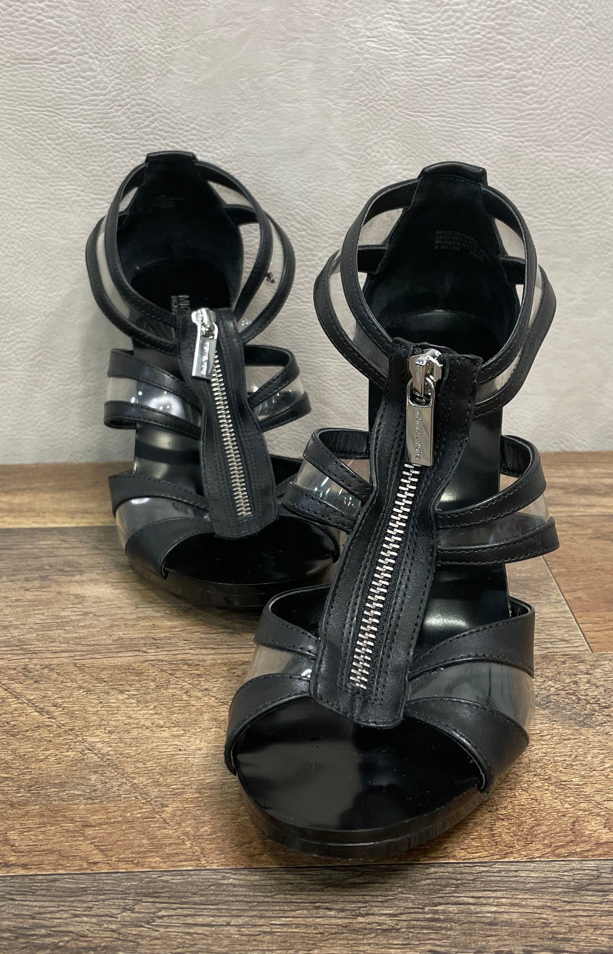 Michael Kors Black Leather PVC Strappy Front Zip Heeled Sandals Size 8.5