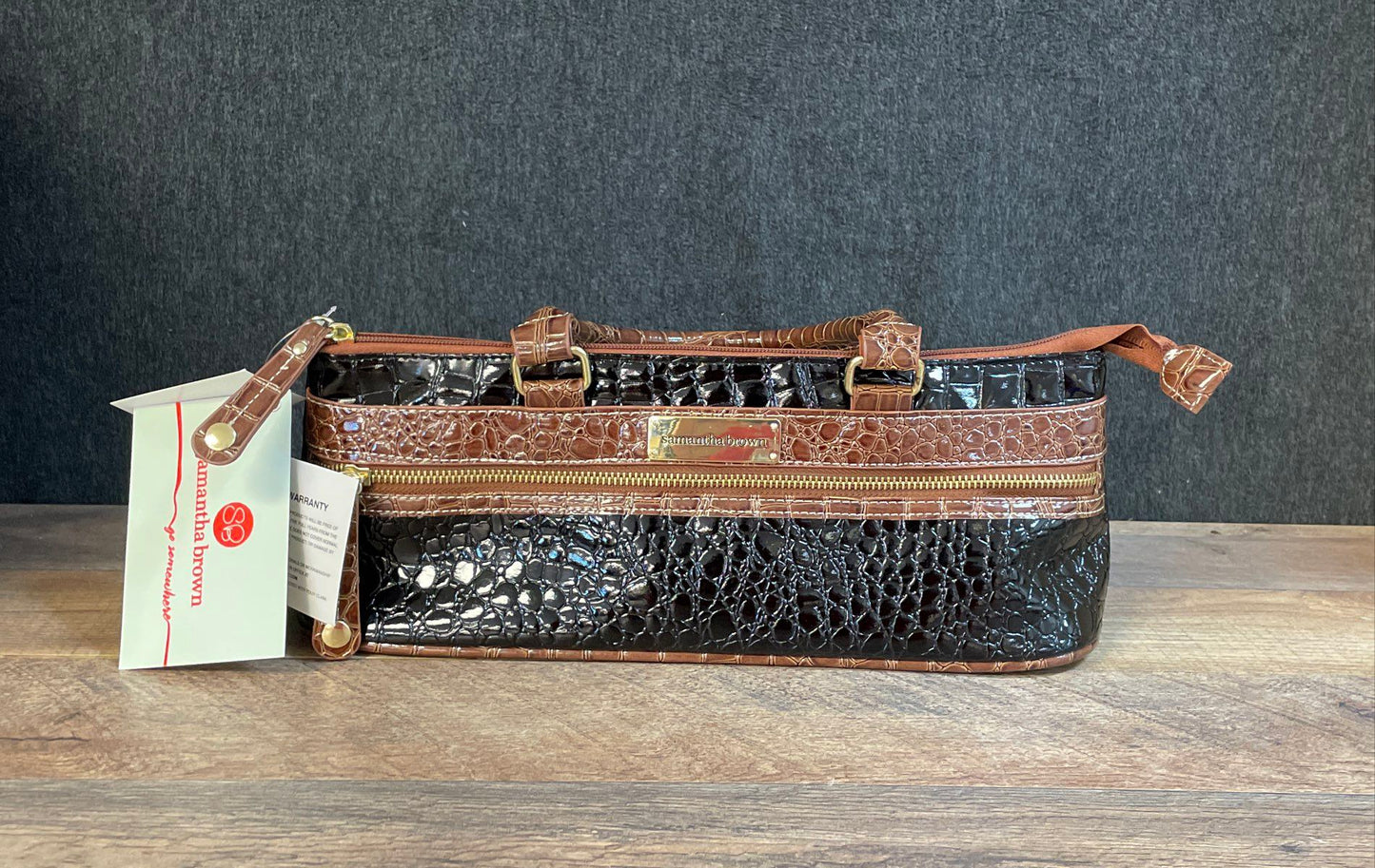 Samantha Brown Black Camel Croc Embossed Classic Wine Purse Insulated NWT