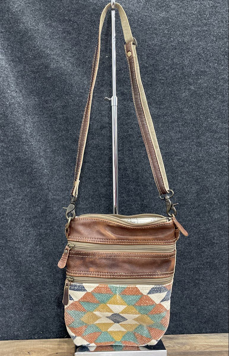 Myra Bag Multicolor Geometric Woven Fabric & Brown Leather Crossbody Handbag