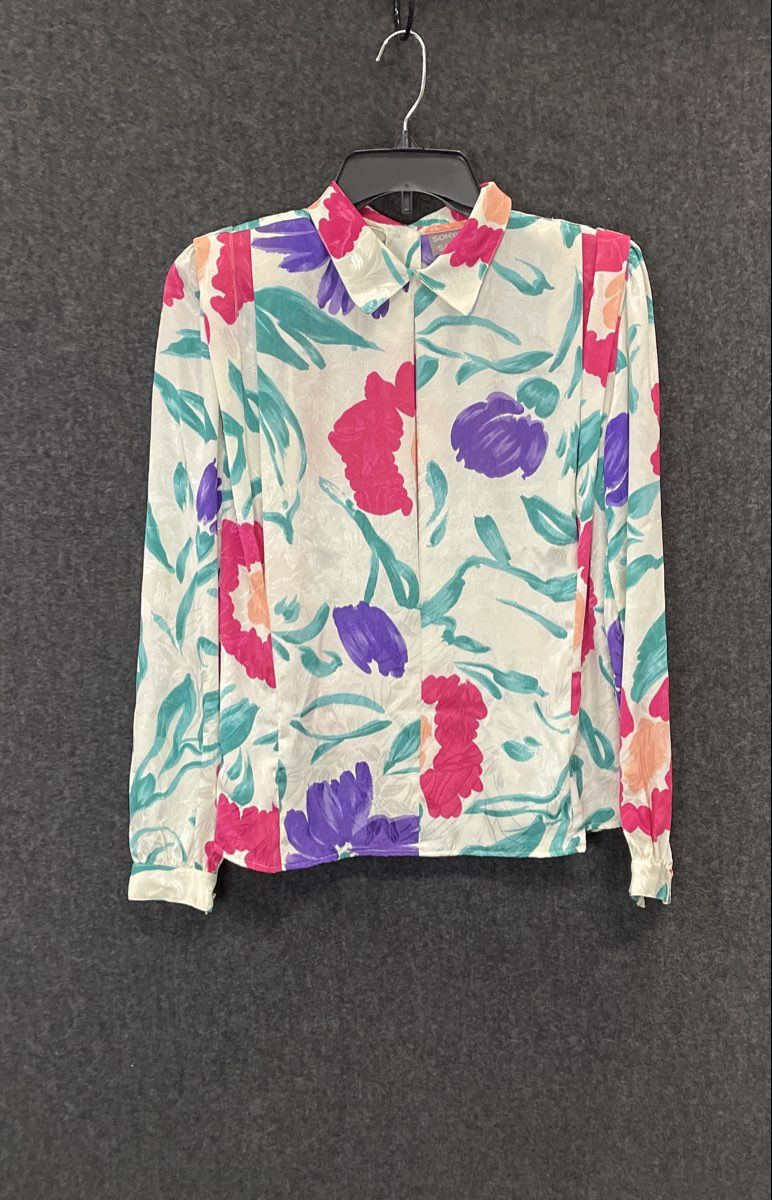 Vintage 80s Sonya Ratay for San Andre Women's Floral Button Back Blouse Sz S