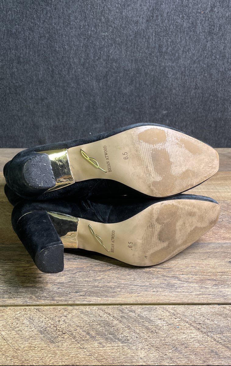 Brian Atwood Black Suede Gold Accent Ankle Booties Size 6.5
