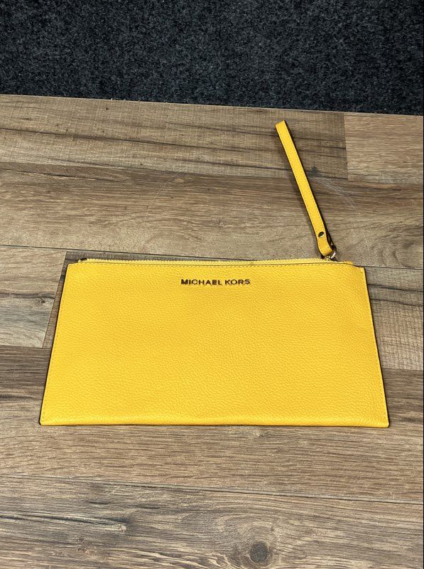 Michael Kors Yellow Pebbled Leather Large Wristlet Pouch Gold Hardware