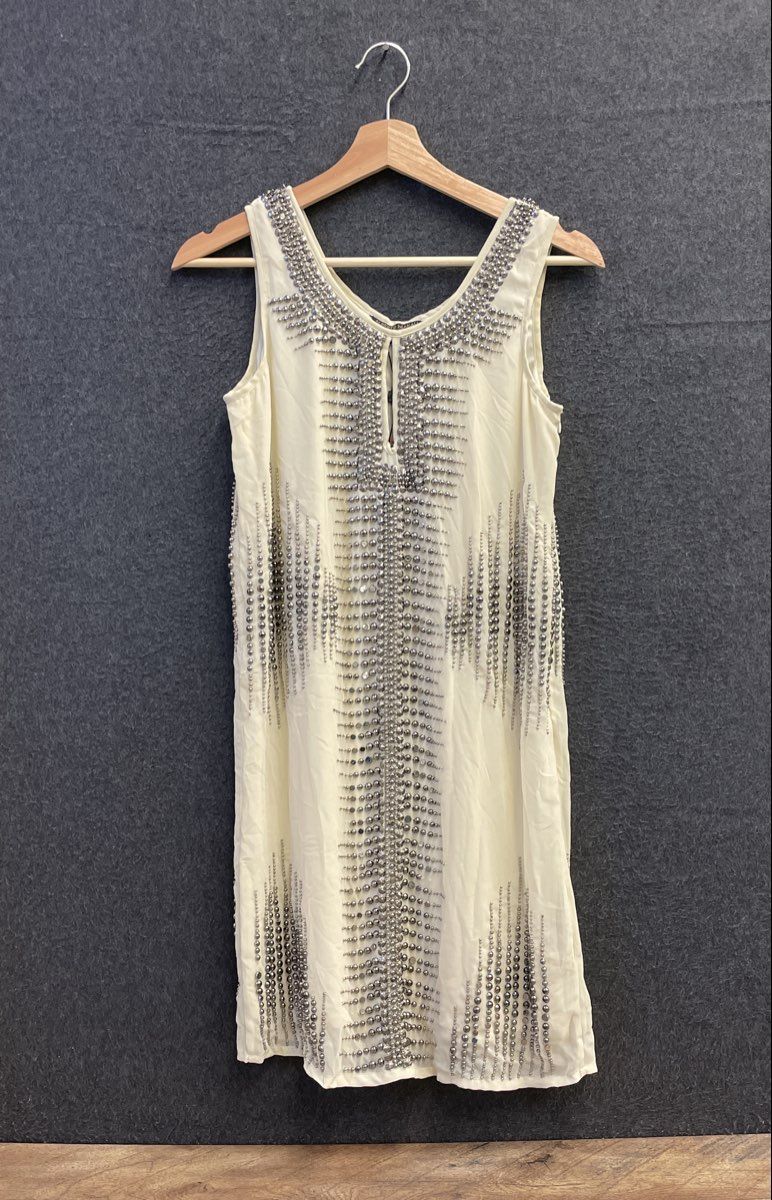 Alberto Makali Women's Beaded Studded Shift Dress Cream Ivory NWT Sz XS