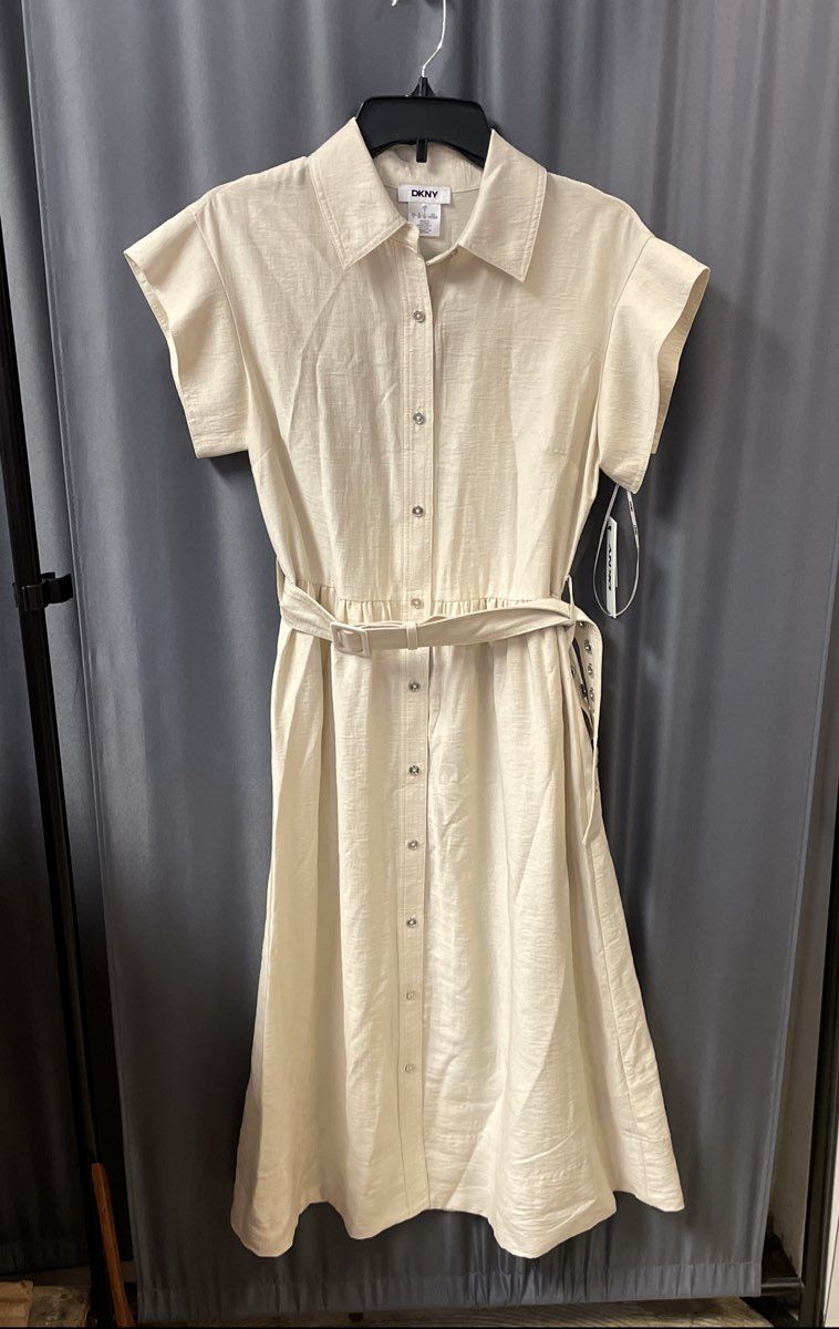 DKNY Women's Beige Lyocell Blend Grommet Belted Button-Up Dress Sz 4 NWT