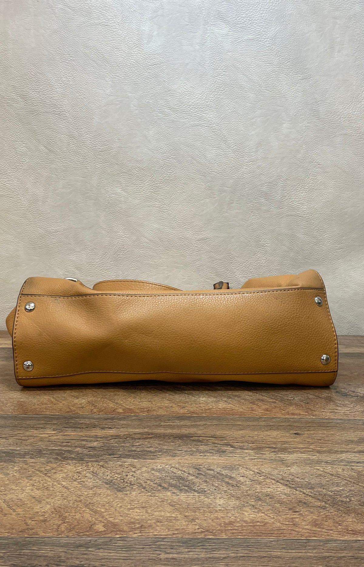 Michael Kors Tan Pebbled Leather Belted Satchel Tote Bag Silver Hardware