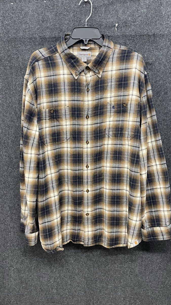 Carhartt Men's Flannel Button Up Shirt Brown Plaid Relaxed Fit Size 2XL