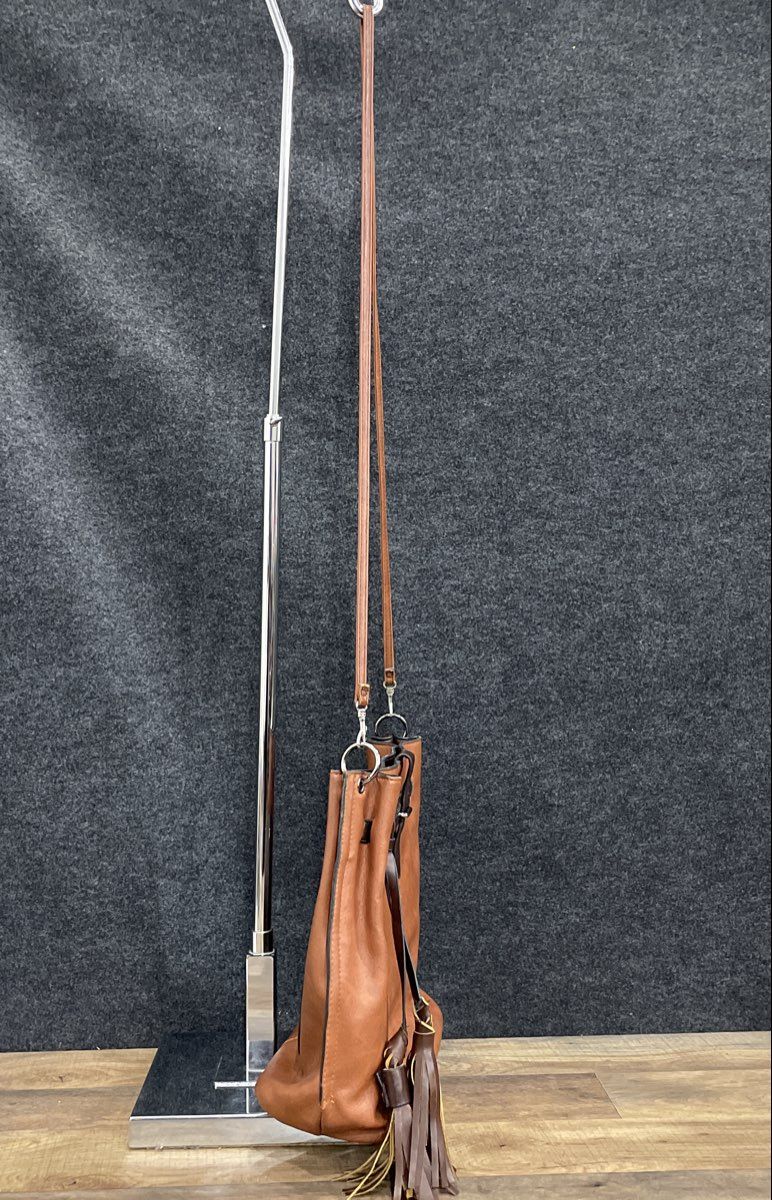 Unbranded Brown Leather Tassel Crossbody Bucket Bag Silver Hardware