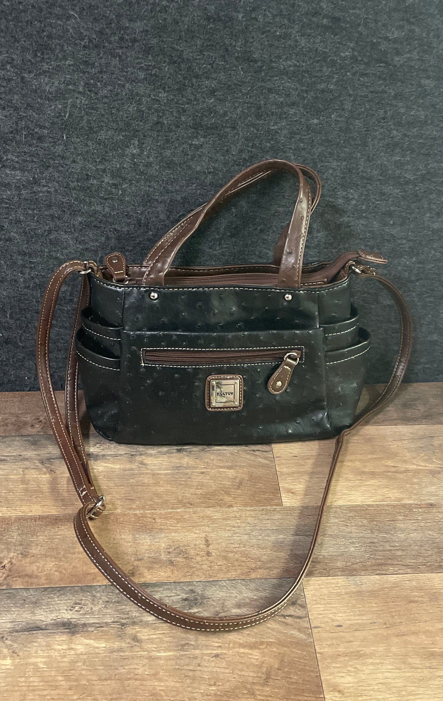 Vintage Koltov Black Ostrich Embossed Satchel Crossbody Handbag Brown Trim