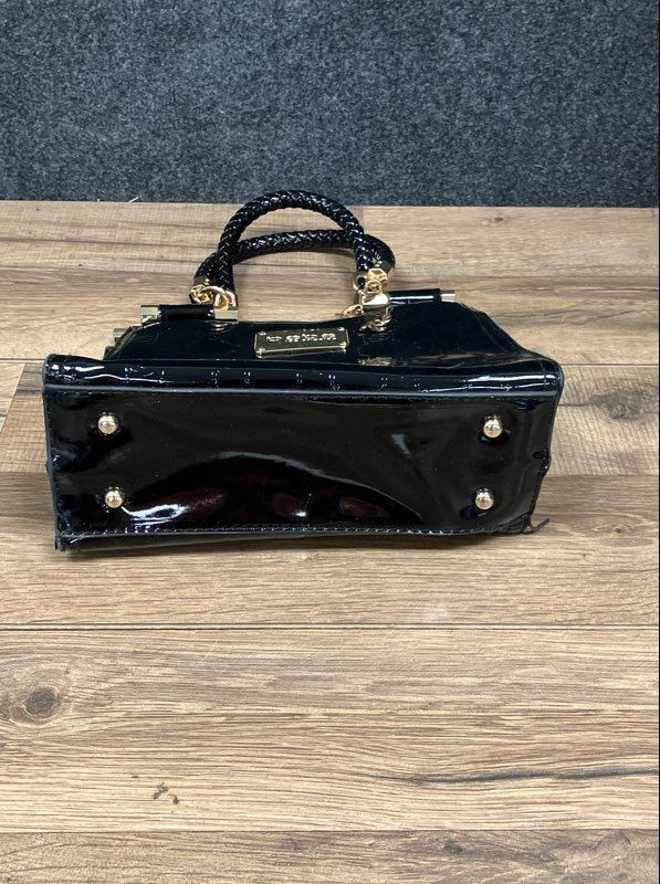 Bebe Black Patent Embossed Logo Satchel Handbag Gold Tone Hardware