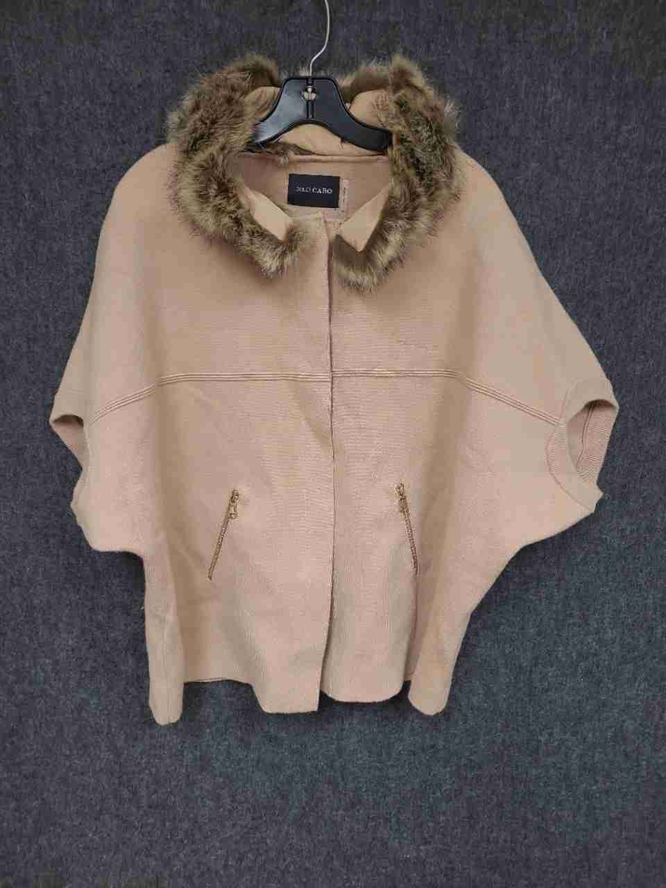 Dolce Cabo Women's Tan Knit Faux Fur Collar Poncho Cape Jacket Size M/L