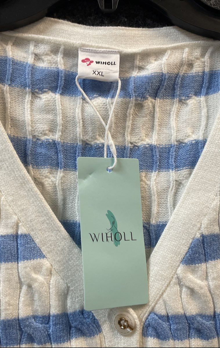 Wiholl Women's Cable Knit Sweater Vest Blue Striped Button Front Size XXL NWT