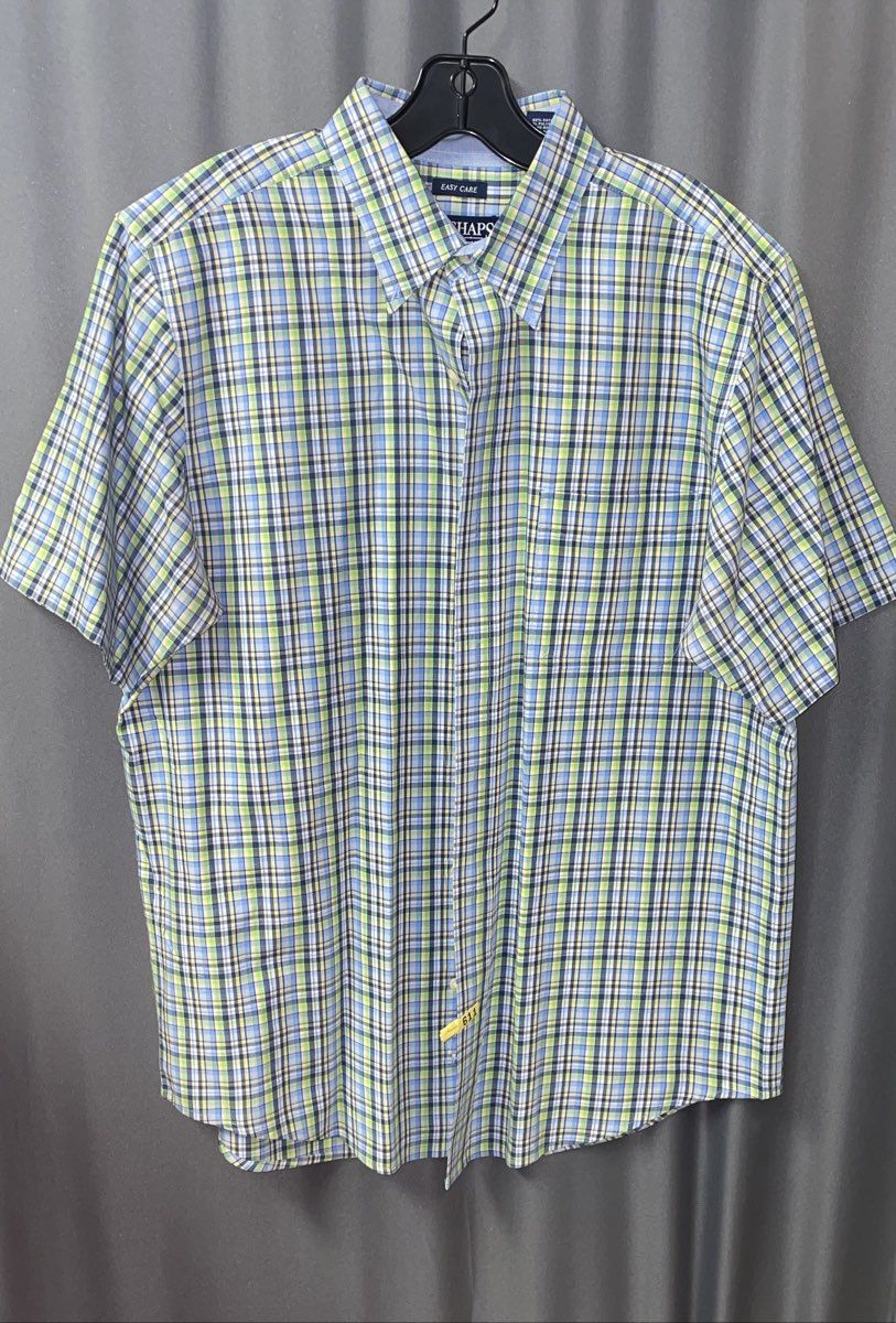 Chaps Men's Button Up Shirt Blue Green Plaid Short Sleeve Easy Care Size L