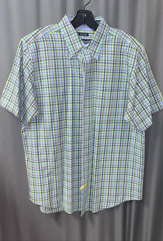 Chaps Men's Button Up Shirt Blue Green Plaid Short Sleeve Easy Care Size L