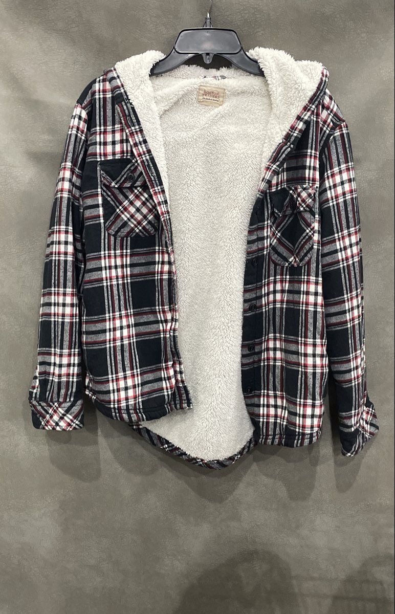 Boston Traders Men's Red Black Plaid Sherpa Lined Hooded Shirt Jacket Sz S