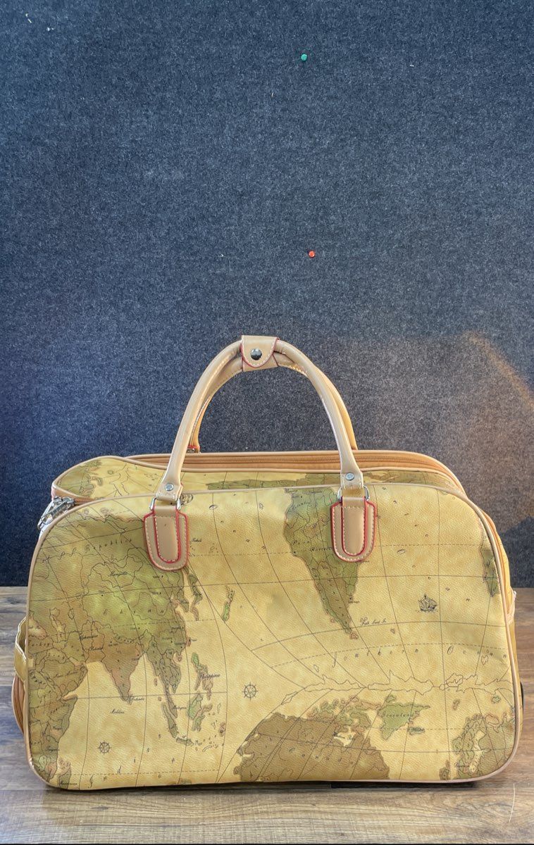 Vintage Style Beige World Map Print Rolling Duffel Travel Bag Wheels 21in